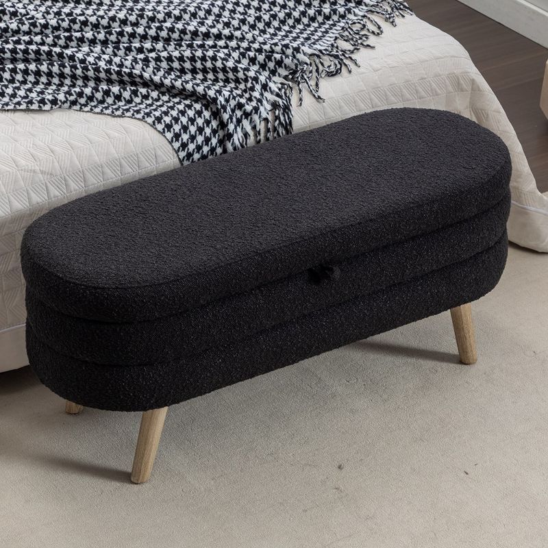 Black Boucle Fabric Storage Bench with Eucalyptus Wood Legs