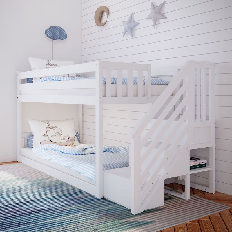 White Twin Over Twin Pine Wood Bunk Bed with Storage