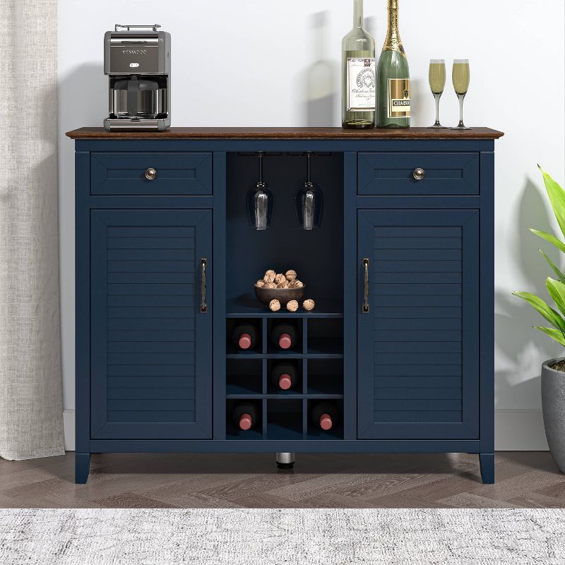 Navy Wood 48" Wine Cabinet with Drawers and Shelves