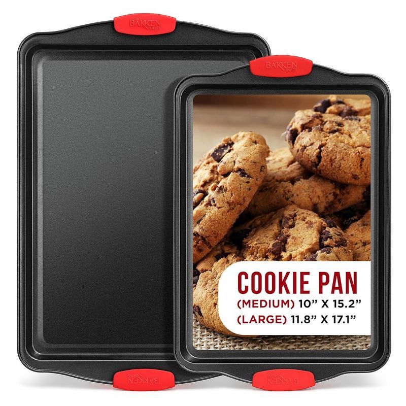 Nonstick Carbon Steel Cookie Sheet Pan Set with Red Silicone Handles