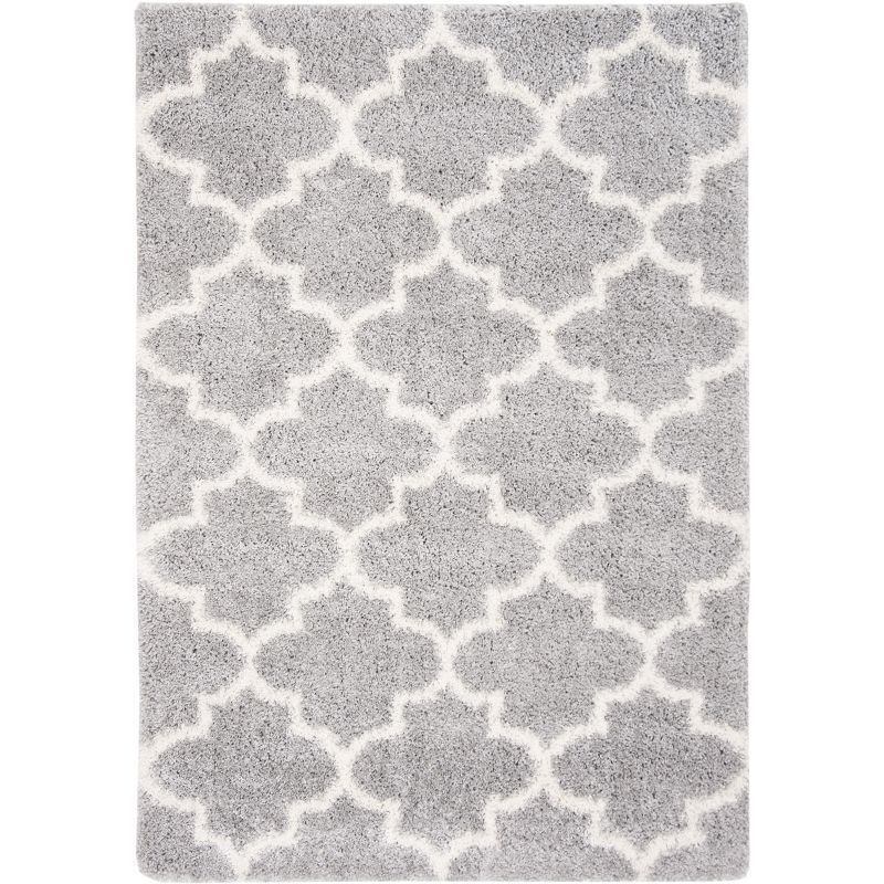 Grey and Cream Geometric Plush Shag Area Rug 5'3" x 7'6"