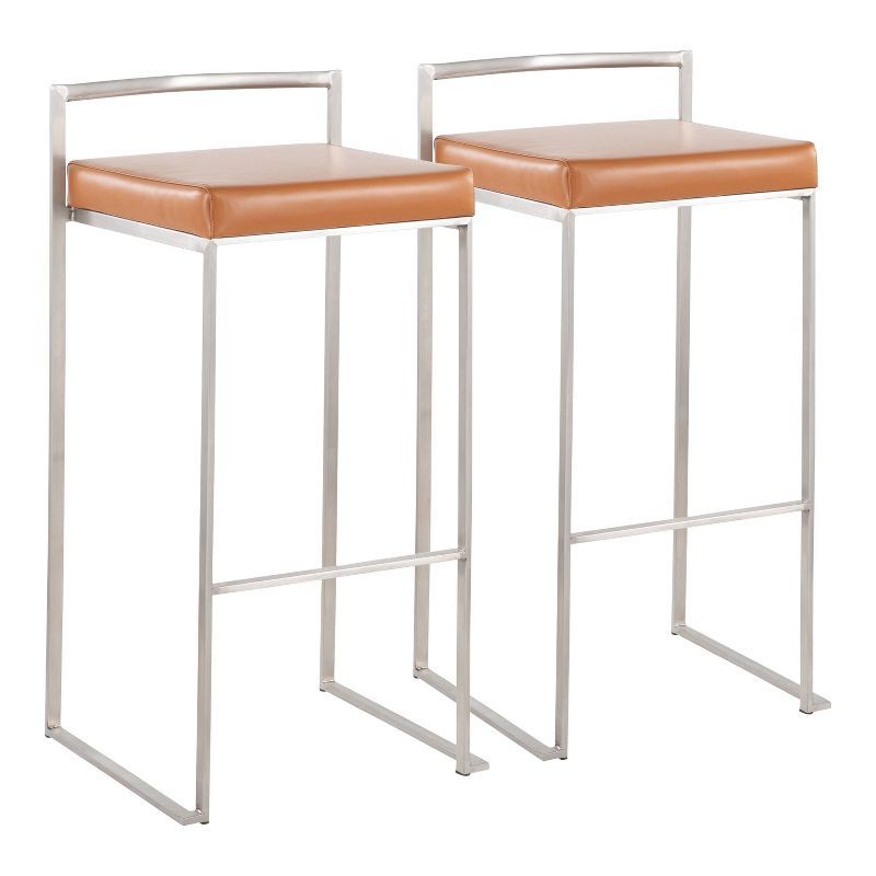 Adjustable Camel Leather Metal Bar Stools - Set of 2