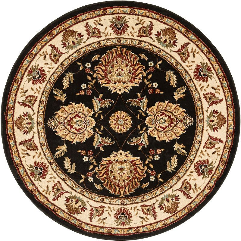 Black and Beige Round Synthetic Persian Floral Area Rug