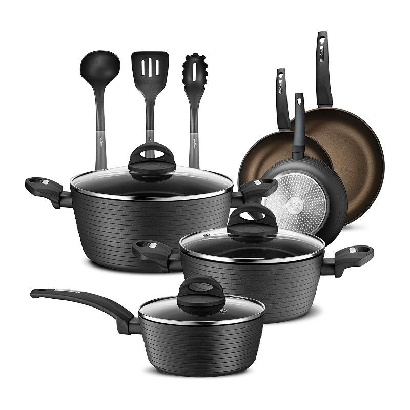 NutriChef 12-Piece Gray Nonstick Cookware Set with Glass Lids