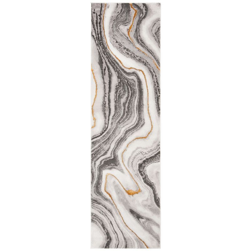 Abstract Grey and Gold Hand-Knotted Synthetic Runner Rug