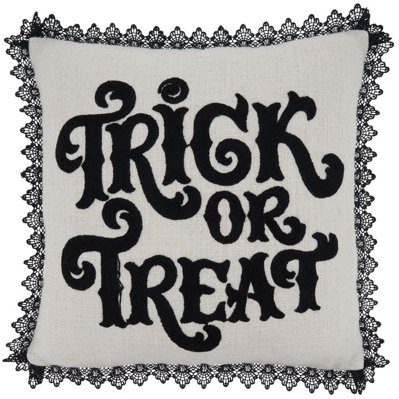 Natural Embroidered Trick-Or-Treat Square Throw Pillow