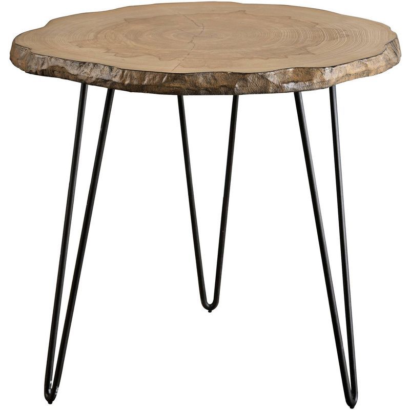 Mahogany Wood and Black Iron Round Accent Table