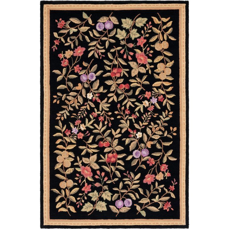 Handmade Black Floral Wool Rectangular Rug