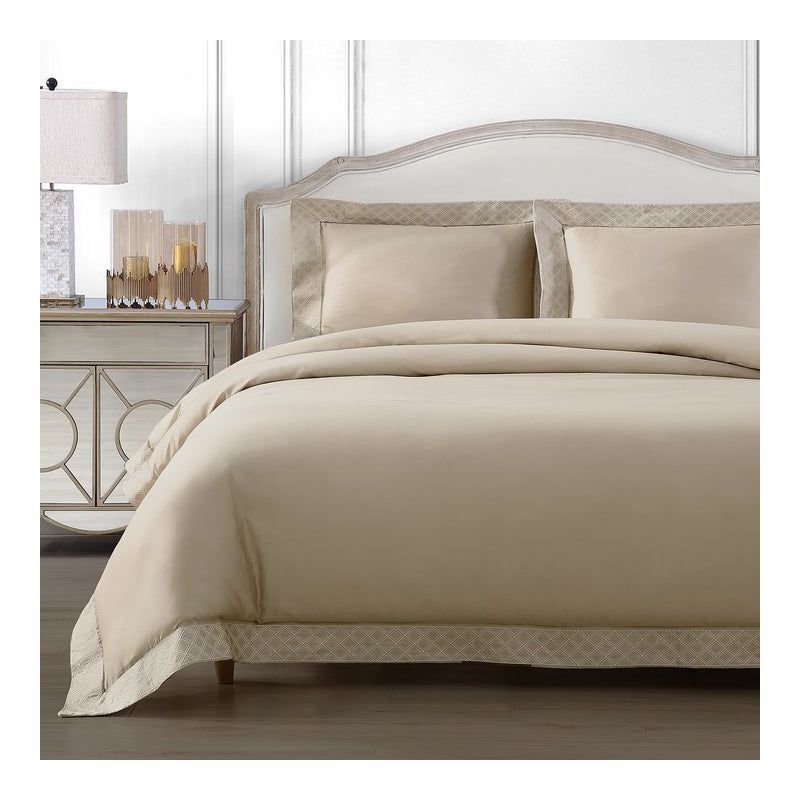 Tan Cotton Sateen Queen Duvet Cover Set with Diamond Embroidery
