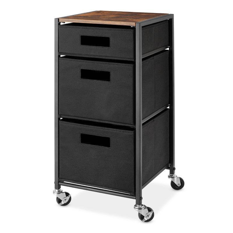 Whitmor Black and Brown Rolling 3-Drawer Storage Cart