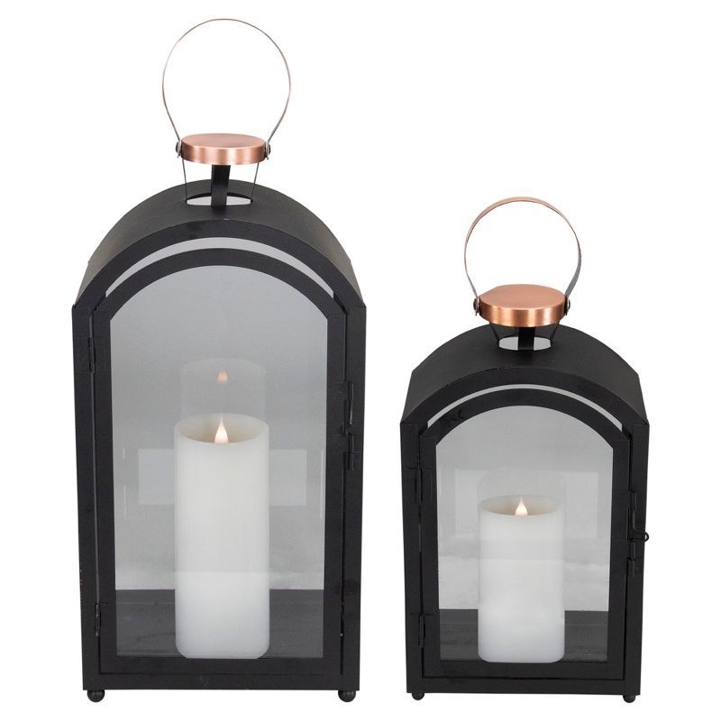 Set of 2 Black Metal Lanterns with Copper Handles