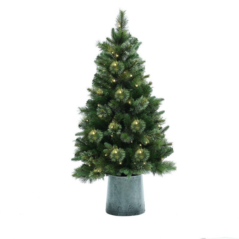 4' Green Pre-Lit Pine Christmas Tree with Metal Pot