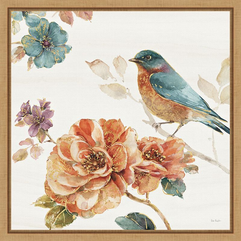 Floral and Bird Nature Print on Canvas with Wooden Frame