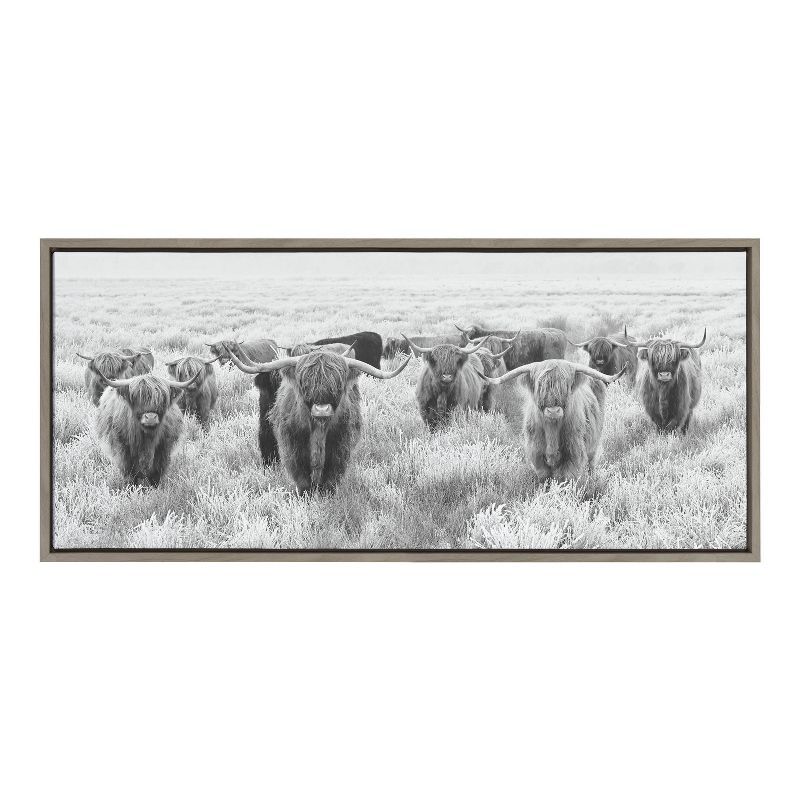 Herd of Highland Cows Black and White Framed Canvas Art