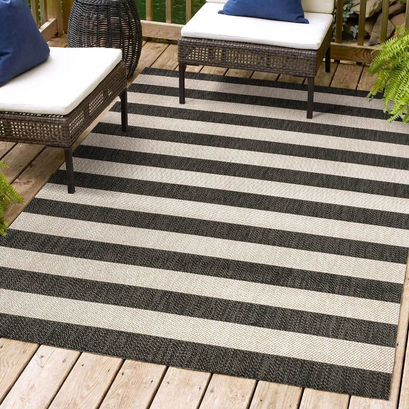 Negril Black and Beige Striped Indoor/Outdoor Area Rug