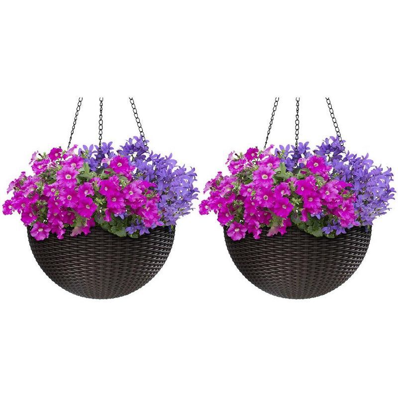 Large Espresso Brown Resin Woven Hanging Planter Set