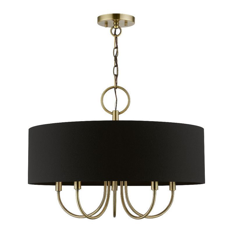 Antique Brass 5-Light Drum Pendant with Black Fabric Shade
