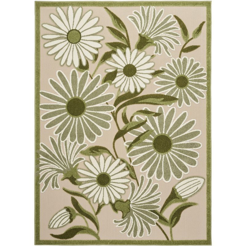 Ivory Green Daisy Flower Flatweave Outdoor Rug 5'3" x 7'5"