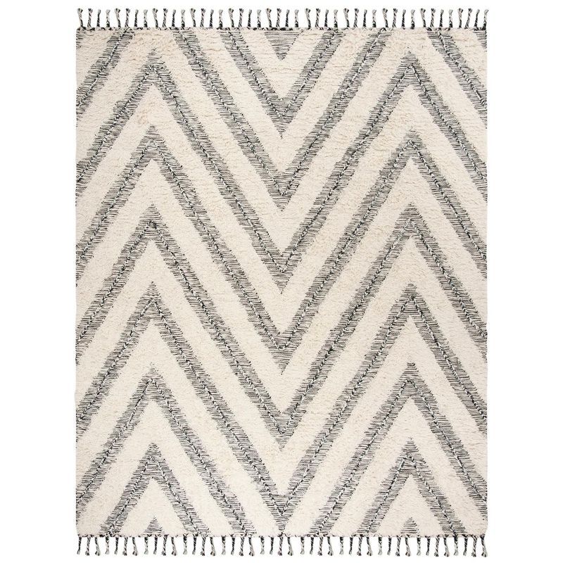 Kenya Hand-Knotted Black and Ivory Wool 8' x 10' Geometric Rug