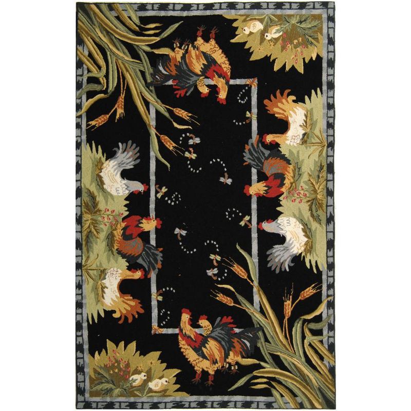 Chelsea Black Hand-Hooked Wool Area Rug with Rooster Design