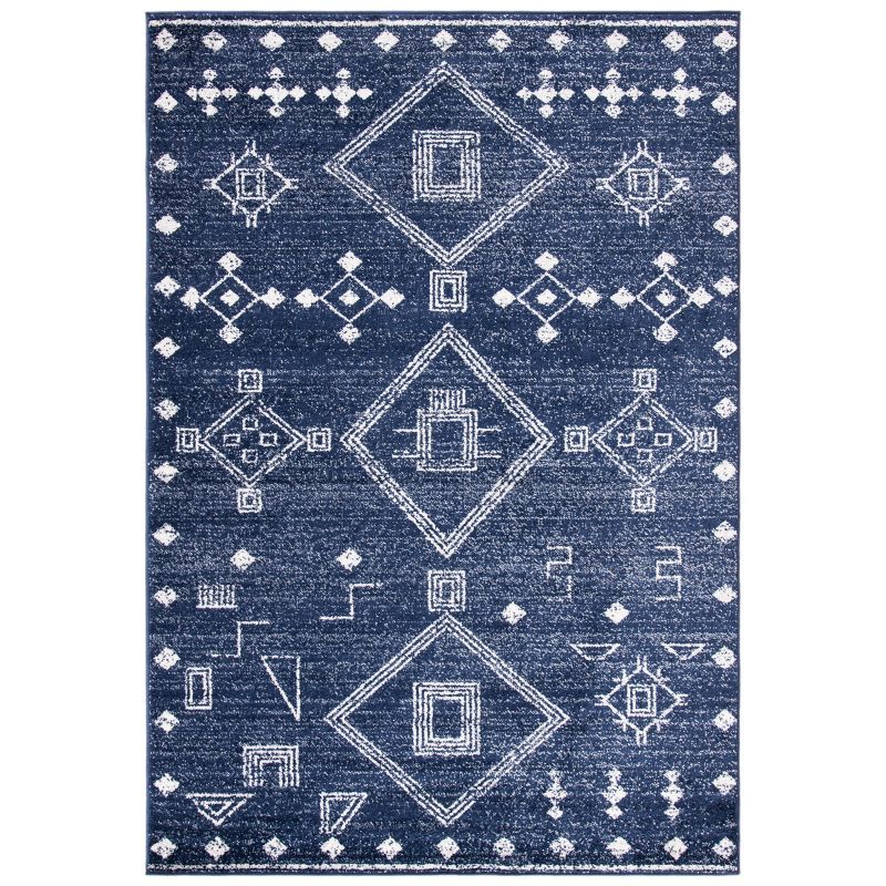 Navy and Silver Moroccan Boho Synthetic Area Rug