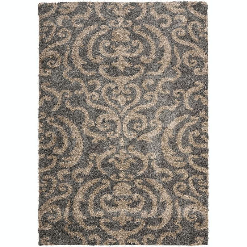 Abstract Grey/Beige Hand-Knotted Shag Rug 5' x 7'