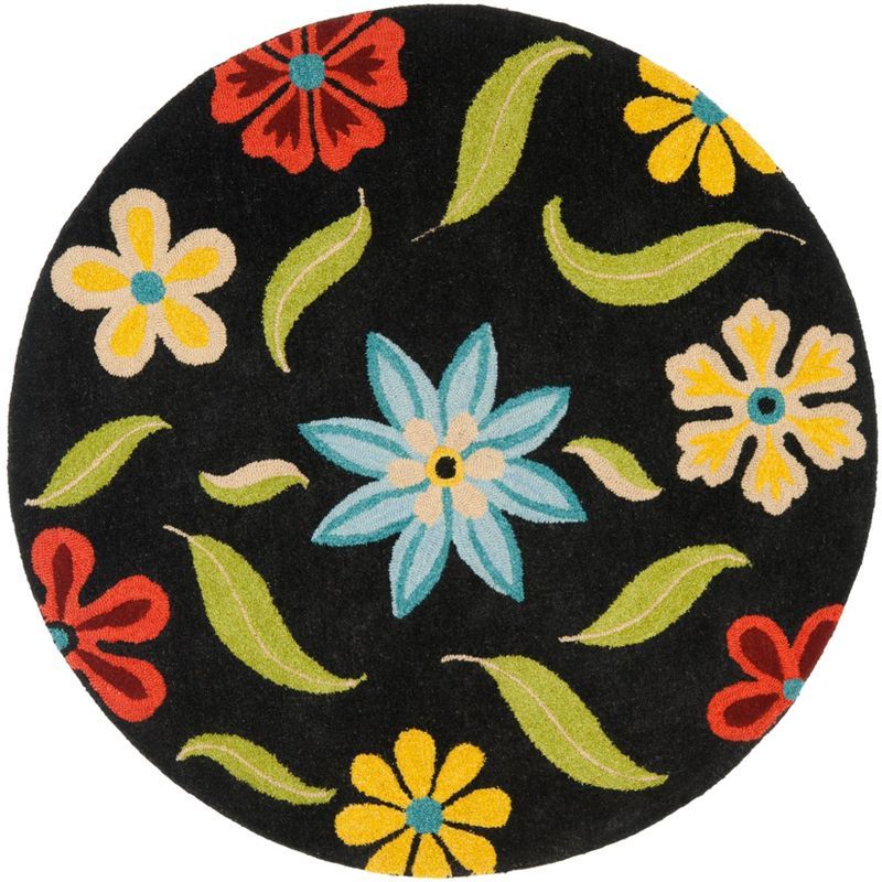 Handmade Black Floral Wool Round Area Rug, 6' x 6'