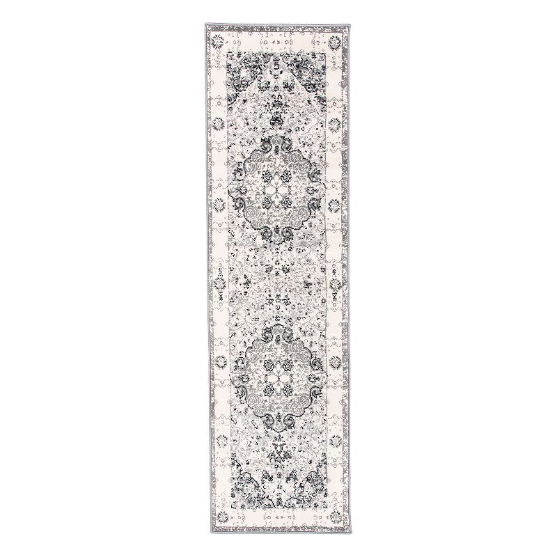 Gray Medallion Synthetic Easy Care Runner Rug