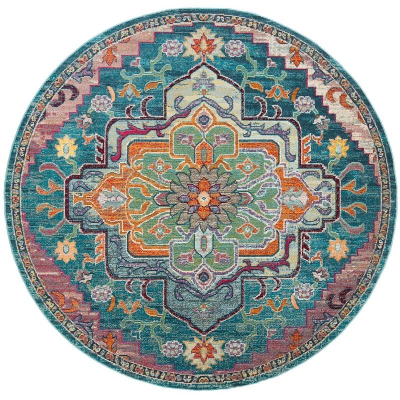 Teal and Rose Round Oriental Synthetic Area Rug