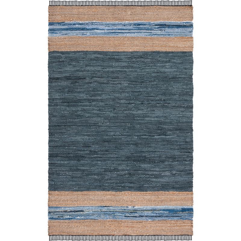 Handmade Blue and Natural Cotton Cowhide Striped 8' x 10' Area Rug