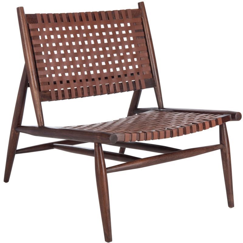 Cognac Brown Leather Woven Armless Slipper Chair