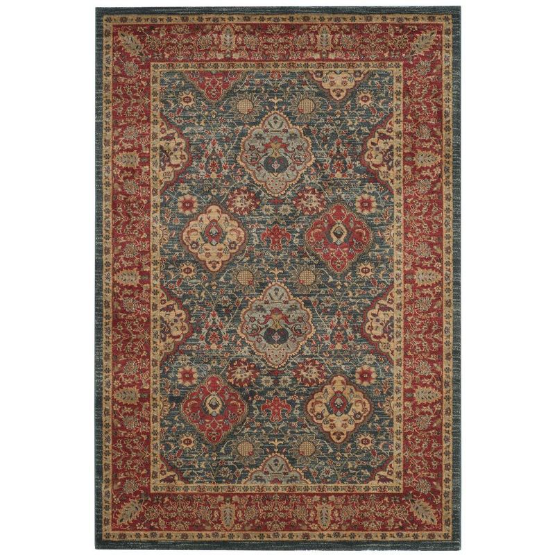 Red and Navy Floral Synthetic Rectangular Area Rug