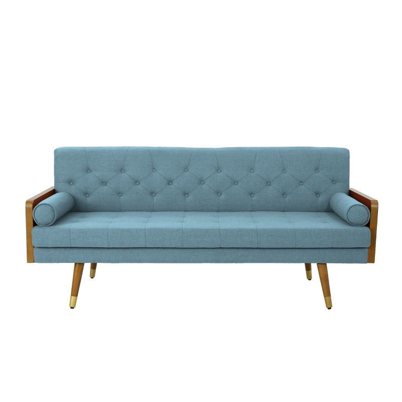 Demuir Plush Blue Fabric Tufted Sofa with Wood Storage