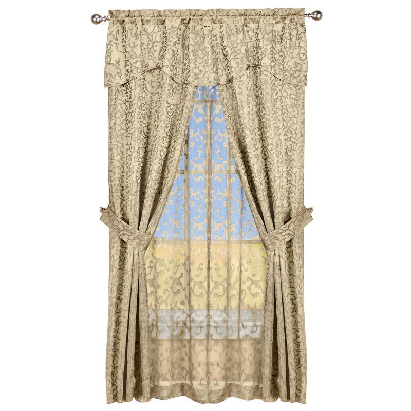 Taupe Insulated Scrolling Design Sheer Curtain Set with Tie Backs