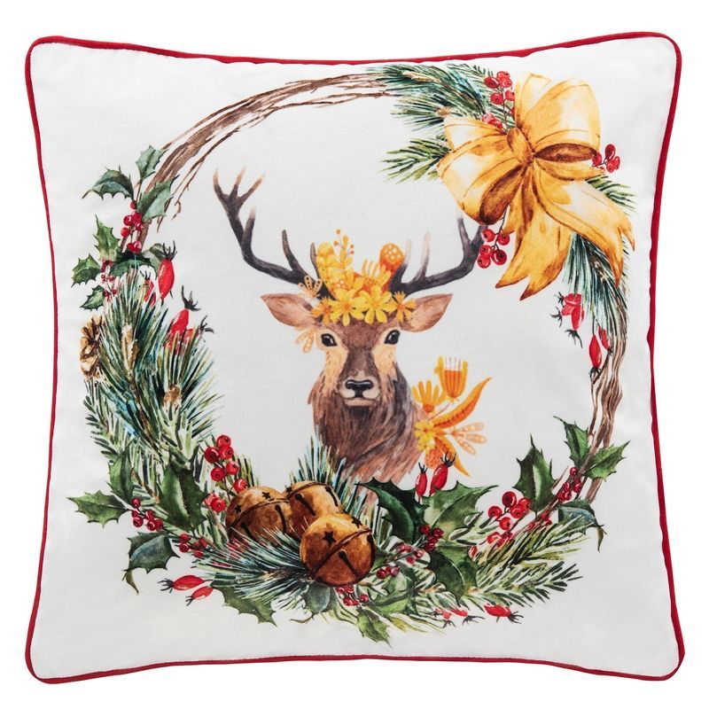 Cranberry Reindeer Wreath 18" White and Yellow Throw Pillow