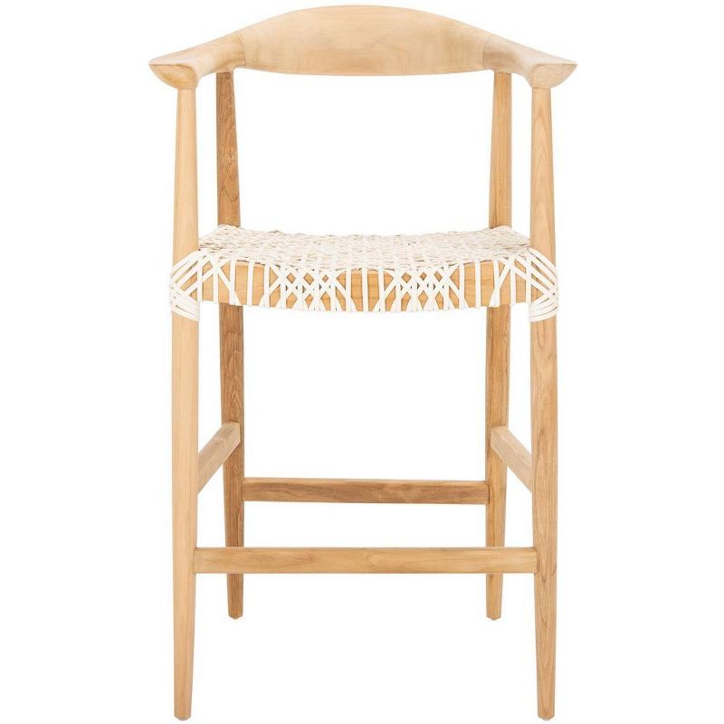 Curved Natural Teak & Woven White Leather Counter Stool