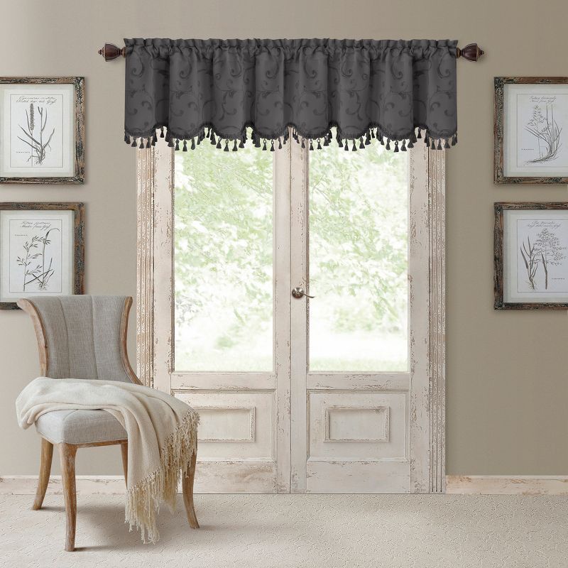 Gray Scalloped Tassel Trim Valance with Jacquard Scroll Pattern