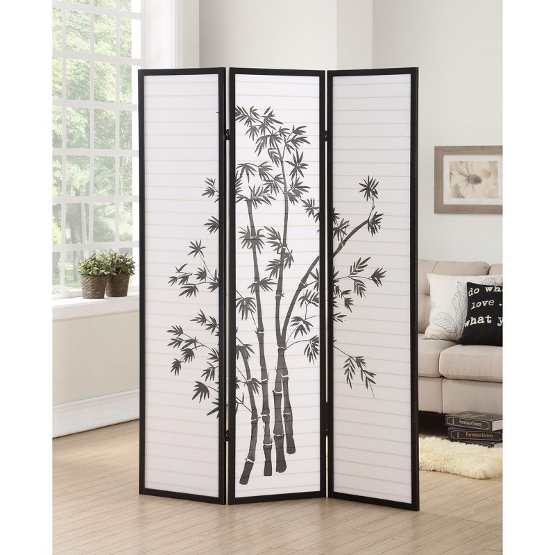 Black 3-Panel Shoji Room Divider with Bamboo Print