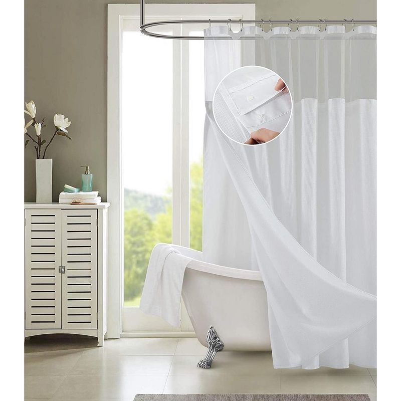 White Waffle Weave Fabric Shower Curtain with Detachable Liner
