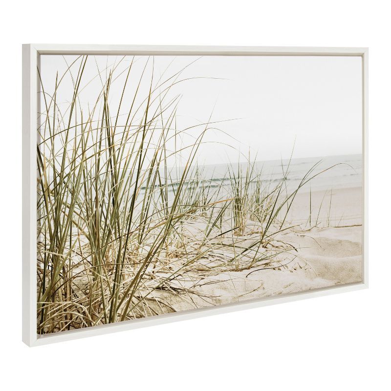 Calming Beach Grass Landscape Print on Canvas with White Frame