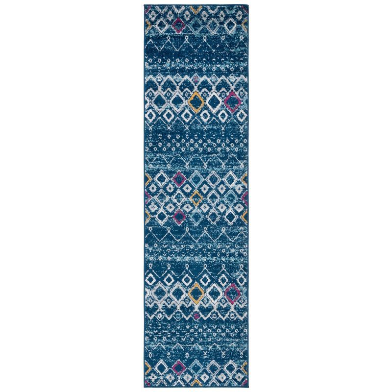 Navy and Turquoise Synthetic Hand-knotted Runner Rug