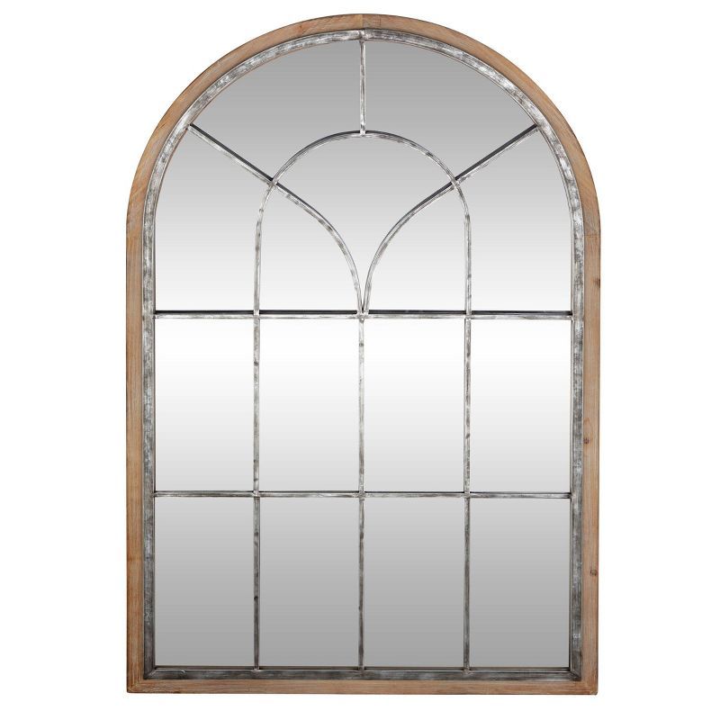 Arched Windowpane Silver and Wood Wall Mirror