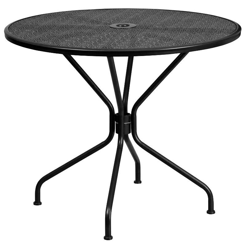 Black Round Steel Patio Table with Umbrella Holder