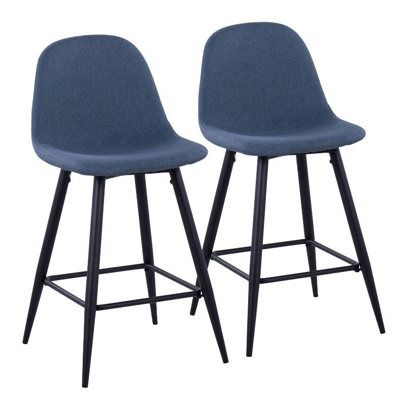 Mid-Century Modern Blue Fabric Counter Stools, Set of 2