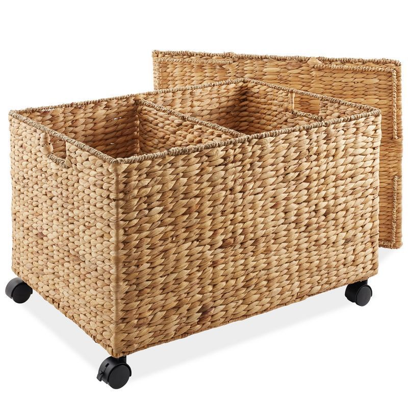 Natural Wicker Rolling Storage Basket with Lid and Wheels