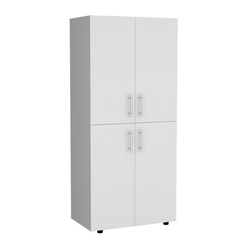 White Four-Door Particleboard Wardrobe with Shelves and Hanging Rods