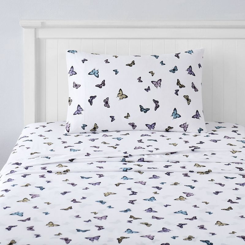 Butterfly Print Blue Microfiber Kids' Full Sheet Set