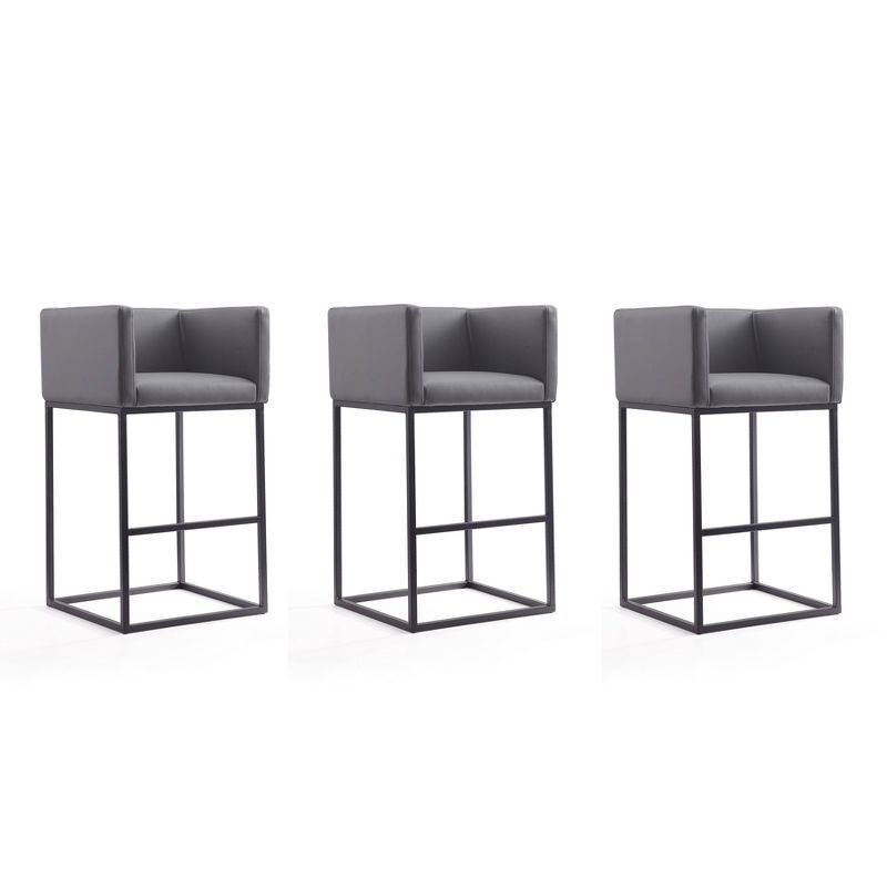 Embassy Geometric Black Steel and Grey Faux Leather Barstool Set