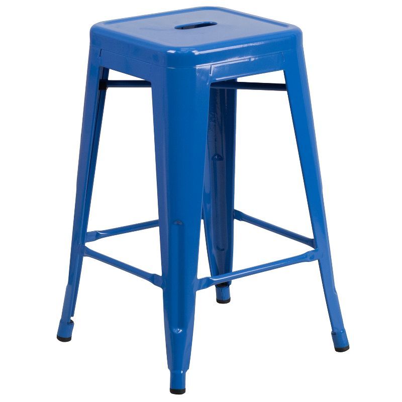 24" Blue Metal Backless Stackable Counter Stool