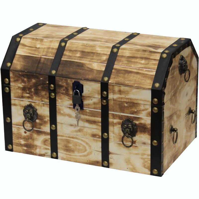 Large Rustic Wooden Pirate Trunk with Lion Rings and Lock